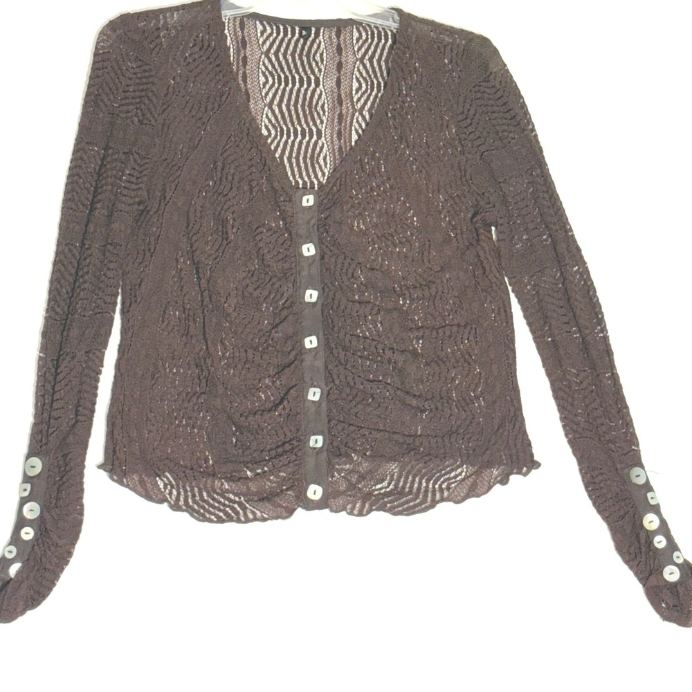 Brown Lace Cardigan Sheer Boho Button Front Top Cottagecore Minimalist